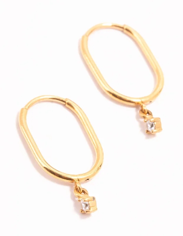 Fine threader earrings-Gold Plated Surgical Steel Cubic Zirconia Rectangle Sleeper Earrings