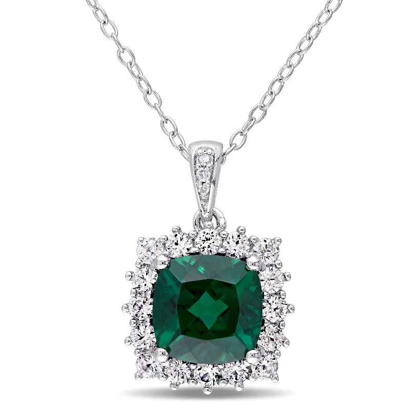 Solid bar necklaces-Miadora Sterling Silver Created Emerald, Created White Sapphire and Diamond Accent Halo Necklace