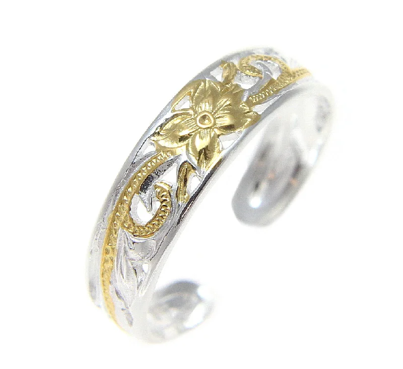 Petal carved engagement rings-925 Silver Yellow Gold 2T Hawaiian Plumeria Scroll 4mm Inside Cut Open Toe Ring