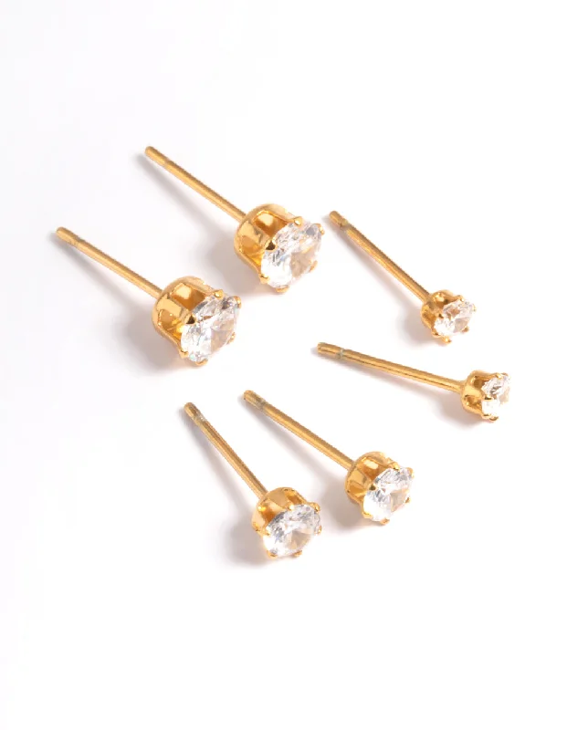 Mystic eye earrings-Waterproof Gold Plated Stainless Steel Cubic Zircconia Stud Earring Pack