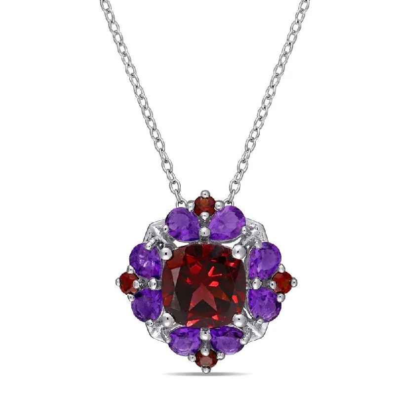 Thin filigree necklaces-Miadora Sterling Silver Garnet and African-Amethyst Floral Cluster Necklace