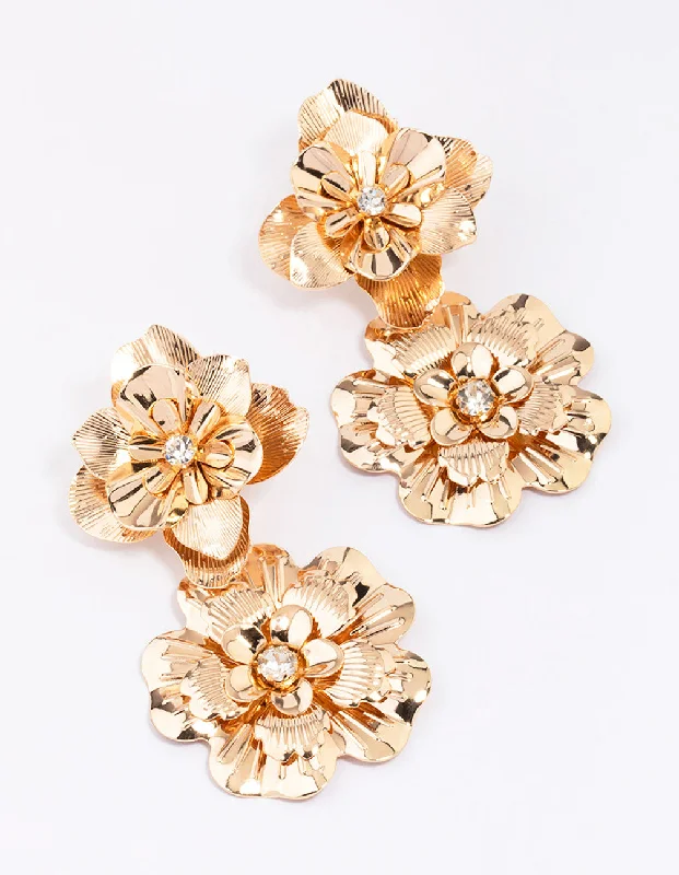 Vibrant enamel earrings-Gold Molten Double Flower Drop Earrings