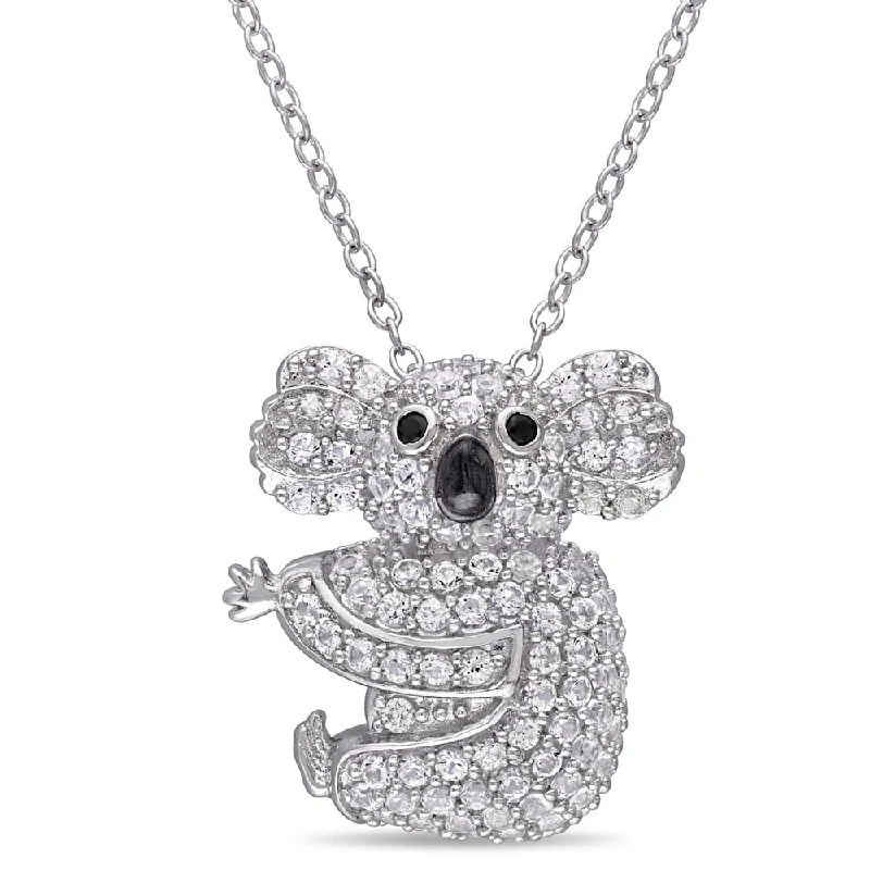 Polished bead necklaces-Miadora Sterling Silver Created White Sapphire Black Spinel Koala Necklace