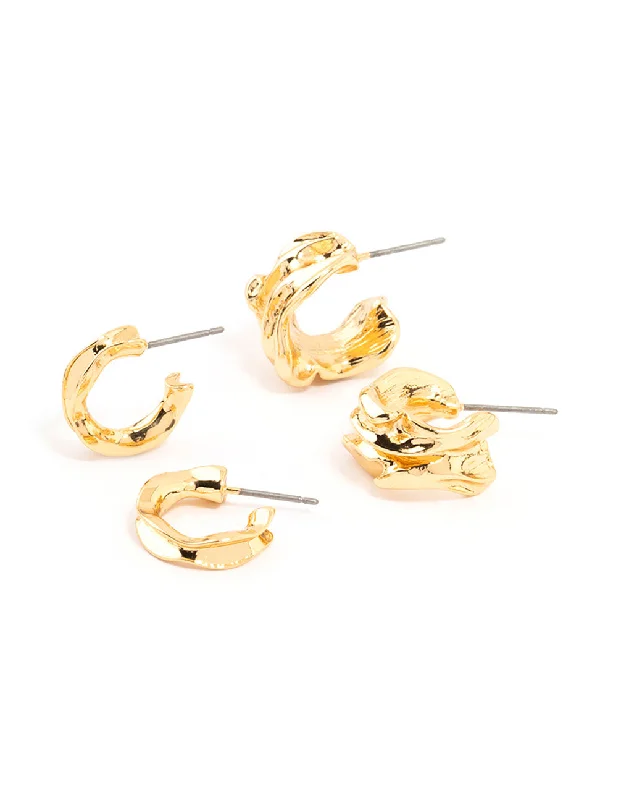 Tiny dot earrings-Gold Plated Molten Thick & Thin Hoop Earrings 2-Pack