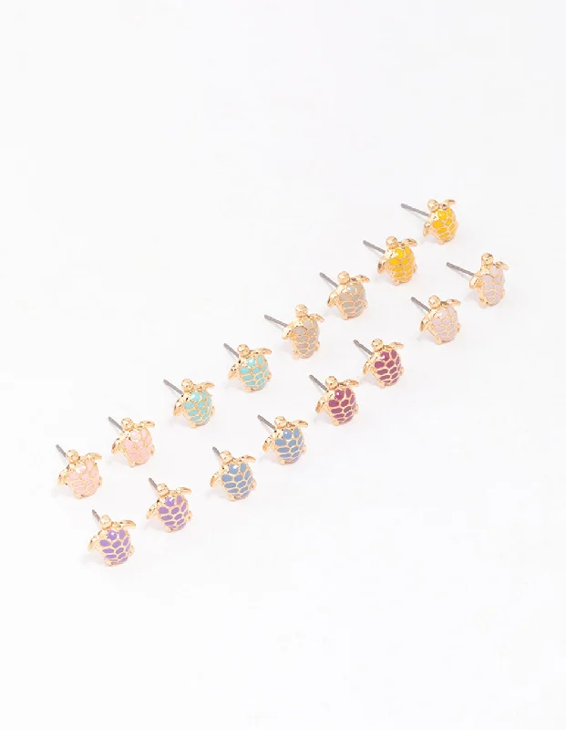 Pure crystal earrings-Gold Multi-Coloured Turtle Stud Earring 8-Pack