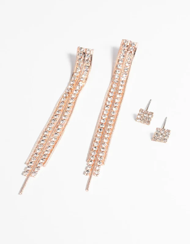 Nomad feather earrings-Rose Gold Diamante Stud Earring Set