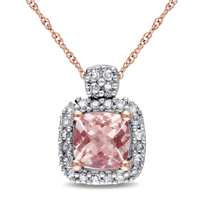 High gloss necklaces-Miadora 10k Rose Gold Cushion-cut Morganite and 1/10ct TDW Diamond Halo Necklace (G-H, I1-I2)