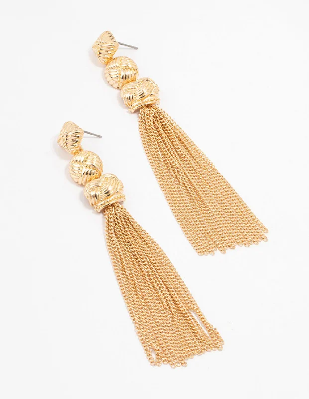 Coiled cord earrings-Gold Multiple Knit Tassel Drop Earrings