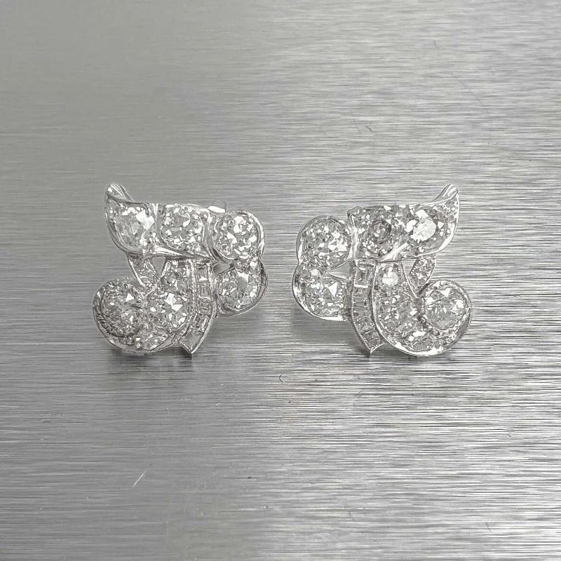 Rough texture earrings-Antique Platinum 950 Old Mine & Baguette Diamond Ribbon Earrings 2.97ctw G SI1