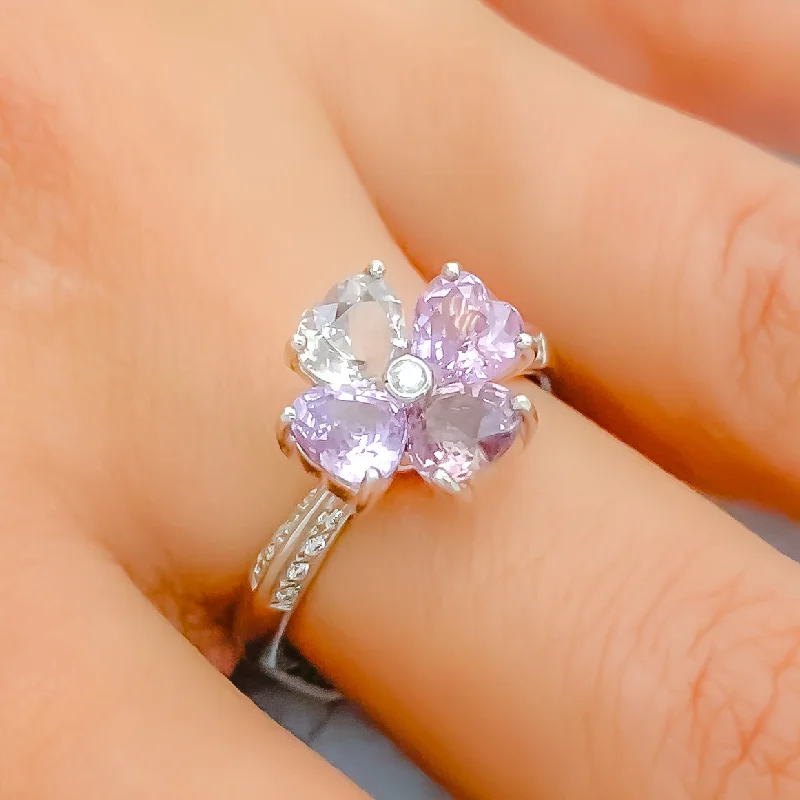 Handcrafted engagement rings-Gorgeous Amethyst Diamond + 18k Gold Flower Ring