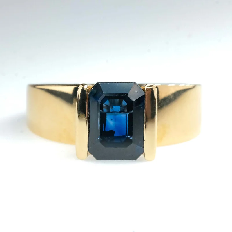 Light wood engagement rings-1.95ct Bar-Set Emerald Cut Blue Sapphire Solitaire Ring in 14K Yellow Gold