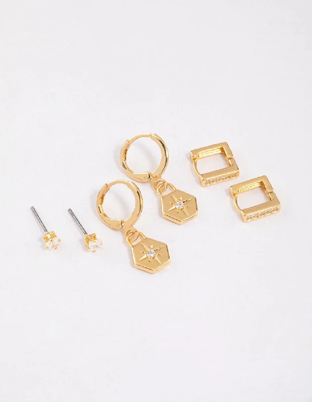 Rough texture earrings-Gold Plated Brass Cubic Zirconia Hexagon & Square Earrings 6-Pack