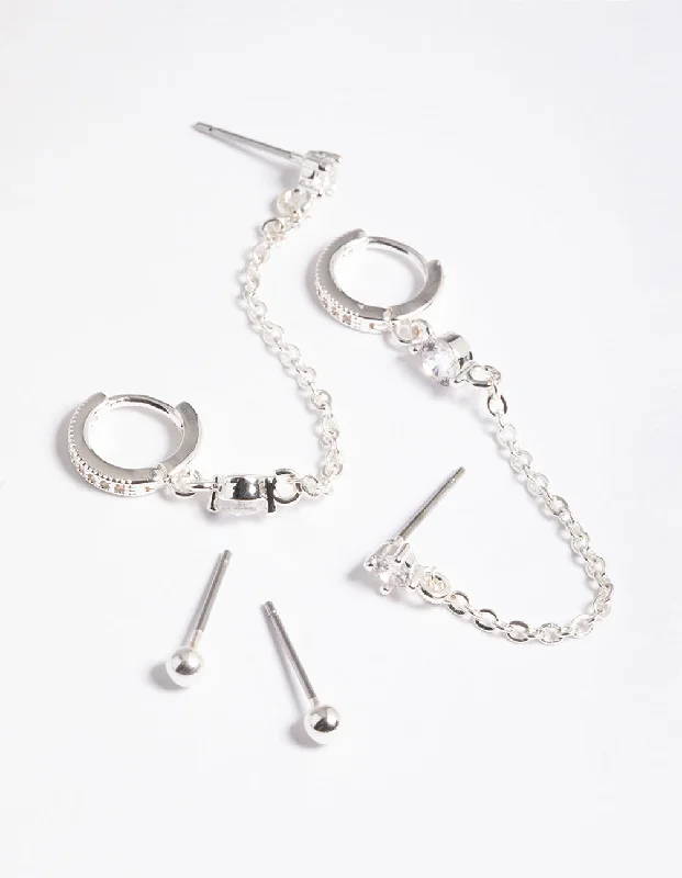 Petal hoop earrings-Silver Plated Brass  Cubic Zirconia Pave Huggie Chain Earrings 6-Pack