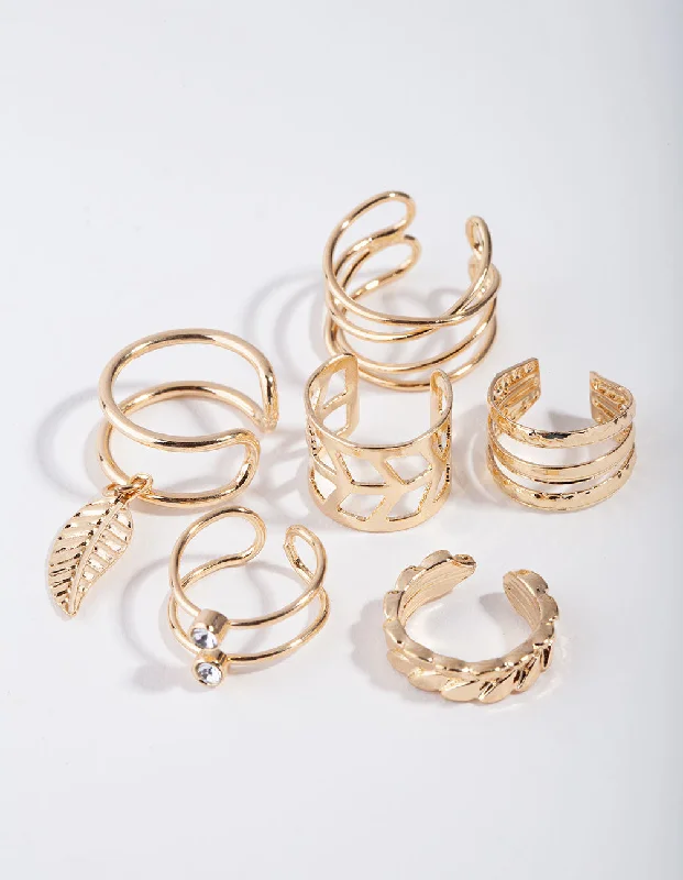 Thin hoop earrings-Gold Mix Texture Leaf 6-Pack Ear Cuff