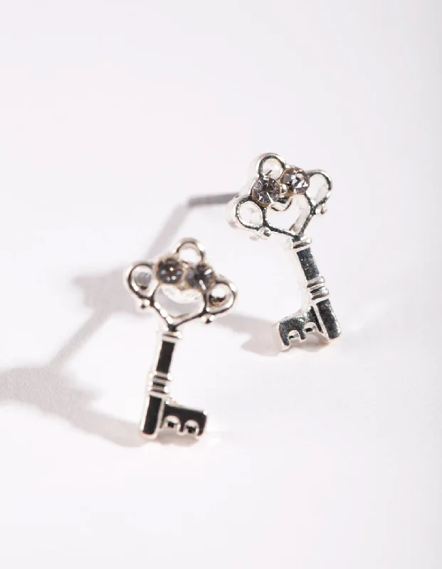 Two-tone earrings-Silver Mini Diamante Key Stud Earrings