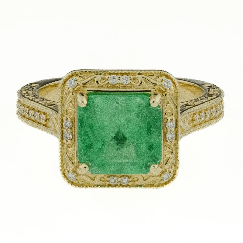 Carved name engagement rings-2.29ctw Natural Emerald and Diamond Fashion Ring in 14K Yellow Gold - Size 6.25