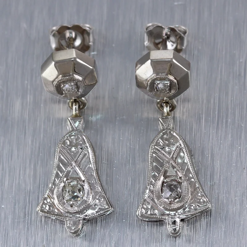 Tiered drop earrings-1920's Antique Art Deco 14k White Gold 0.25ctw Diamond Drop Bell Earrings