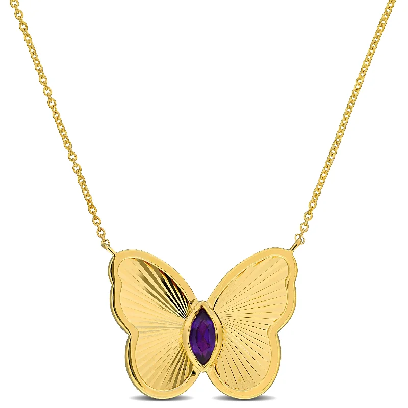 Radiant pearl necklaces-Miadora 1/8ct TGW Amethyst Butterfly Pendant Necklace in 10k Yellow Gold-17 in