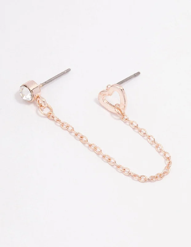 Silk fringe earrings-Rose Gold Diamante & Heart Chain Drop Earrings