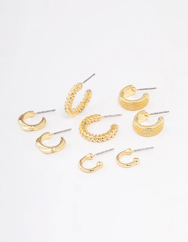 Thick bar earrings-Gold Plated Textured Chunky Hoop Earrings 4-Pack