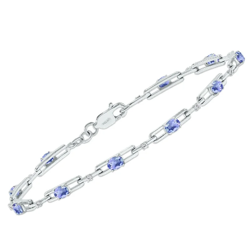 Pink quartz bangles-Marquee Tanzanite and Natural Diamond Double Bar Link Bracelet in .925 Sterling Silver