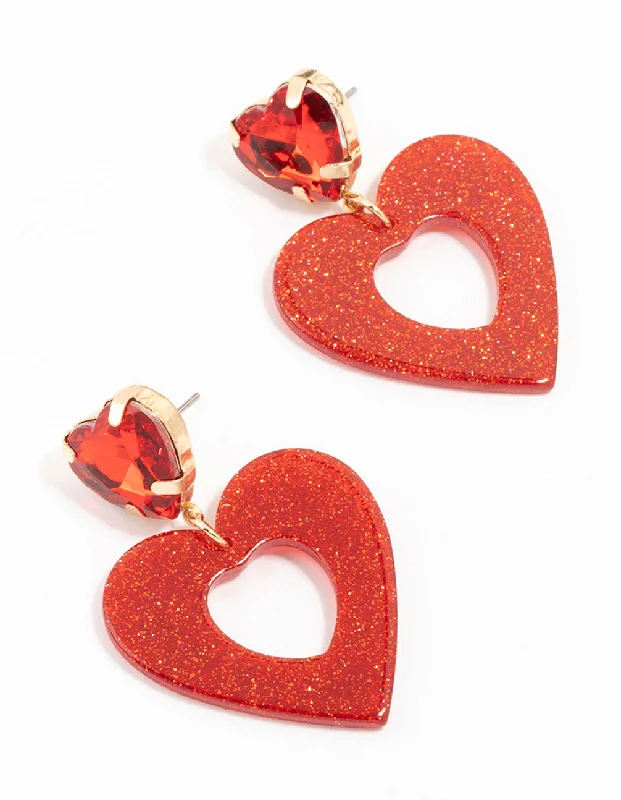 Silk tassel earrings-Red Diamante Glitter Gold Heart Drop Earrings