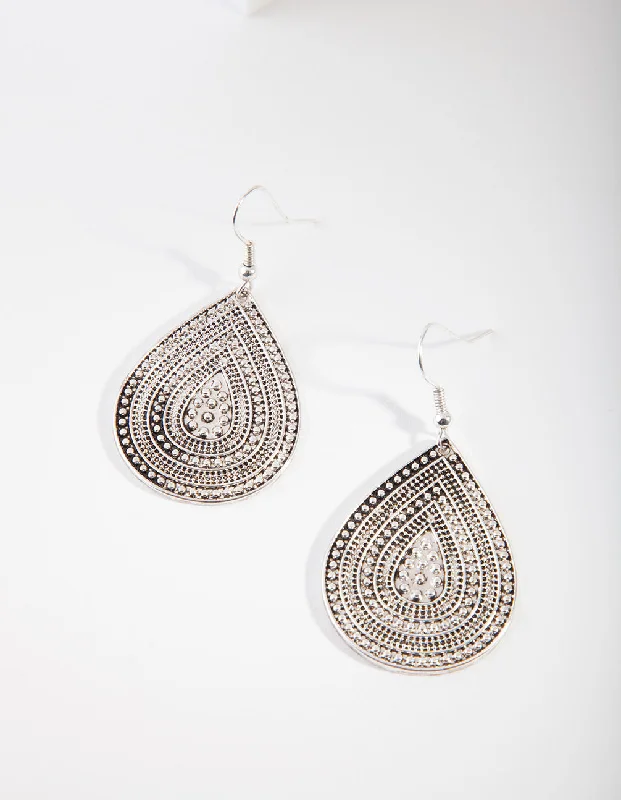 Wide hoop earrings-Antique Silver Teardrop Earrings