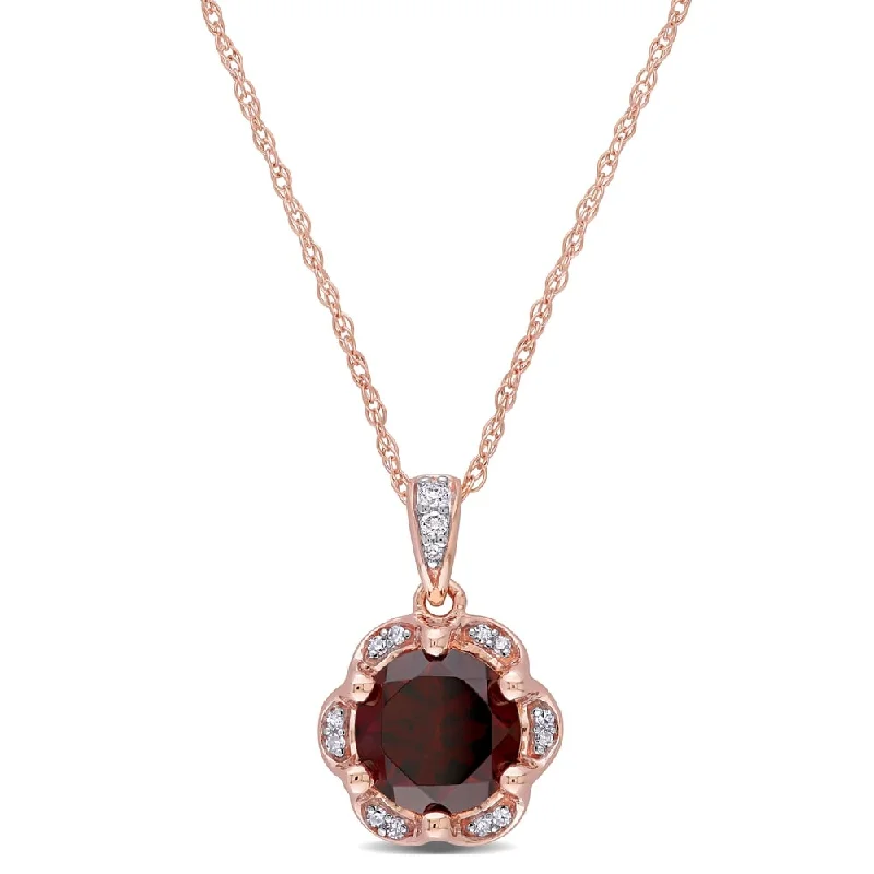 Alloy metal necklaces-Miadora 14k Rose Gold Garnet and Diamond Accent Flower Halo Drop Necklace