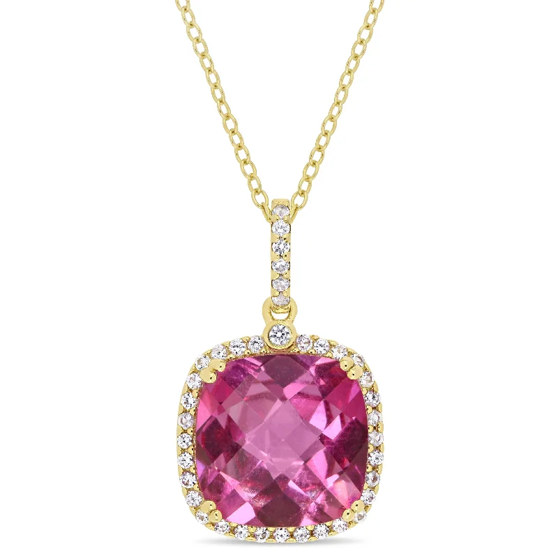 Dual birthstone necklaces-Miadora Yellow Plated Sterling Silver Pink Topaz and White Sapphire Halo Drop Necklace