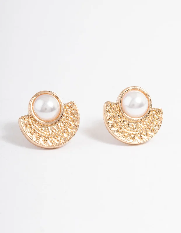 Woven thread earrings-Gold Pearl Etched Stud Earrings