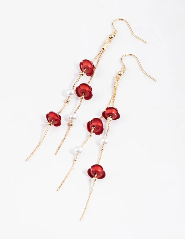 Bold cuff earrings-Red Rose & Pearl Chain Drop Earrings