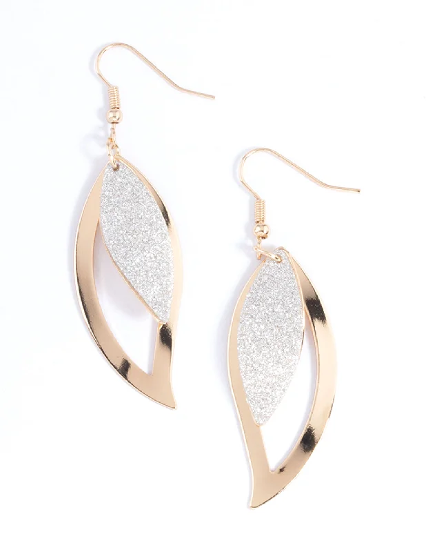 Surf motif earrings-Gold Open & Glitter Leaf Drop Earrings