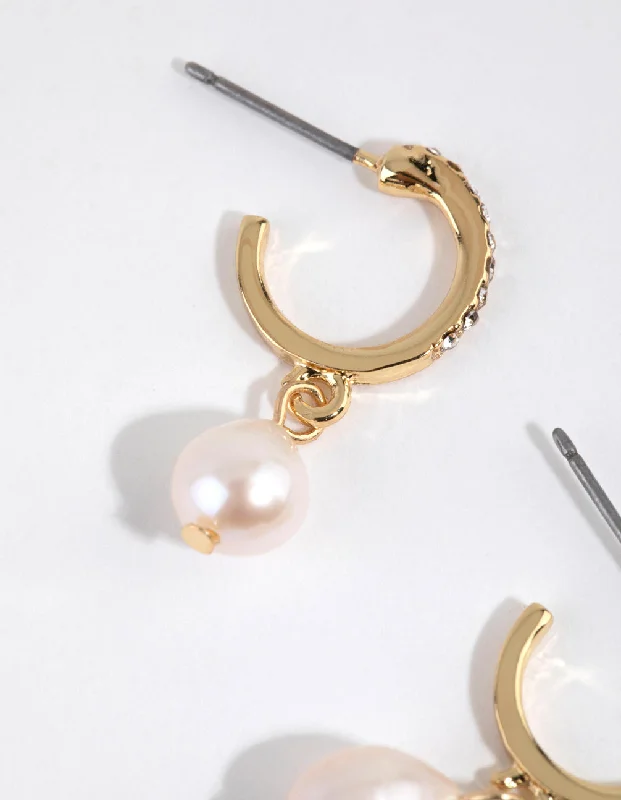 Thin bead earrings-Gold Plated Diamante & Freshwater Pearl Huggie Earrings