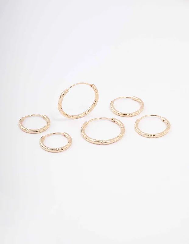 Woven thread earrings-Gold Skinny Bamboo Hoop Earring 3-Pack