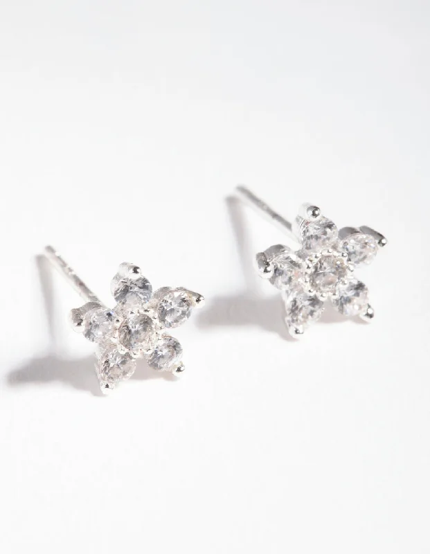 Simple cross earrings-Sterling Silver Cubic Zirconia Flower Stud Earrings