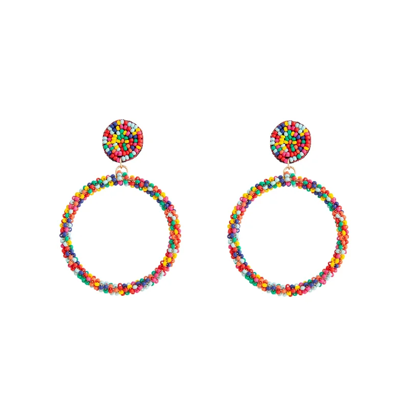 Wide tier earrings-Rainbow Seed Bead Drop Hoop Earrings