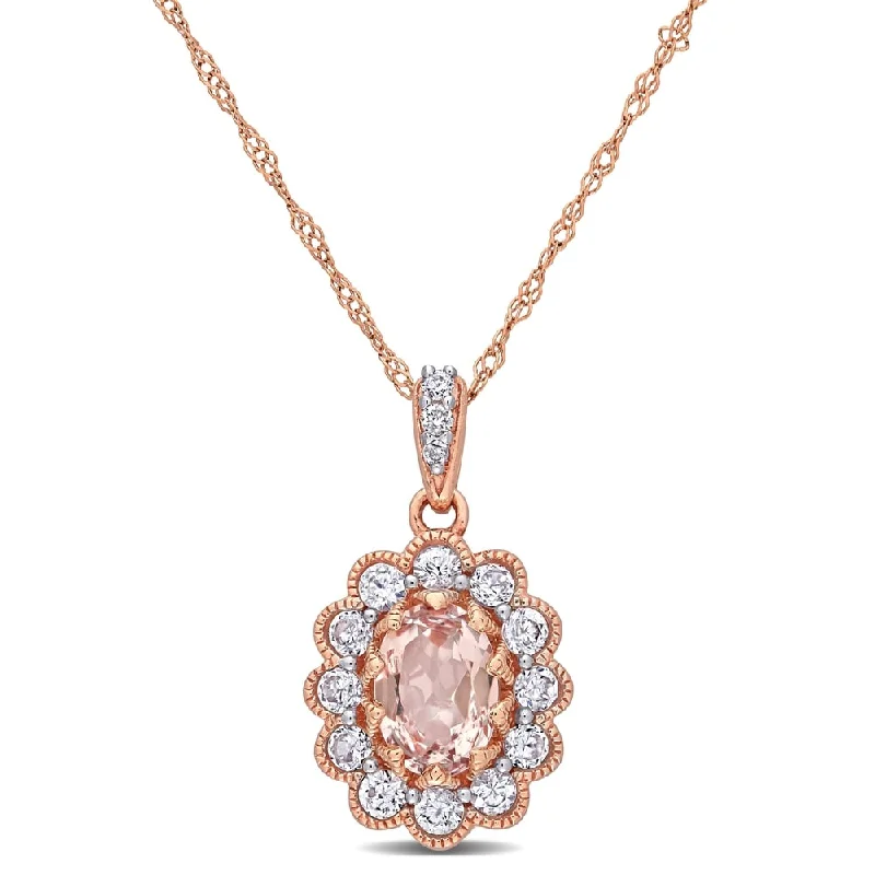 Vivid druzy necklaces-Miadora 10k Rose Gold Morganite White Sapphire and Diamond Floral Halo Drop Necklace