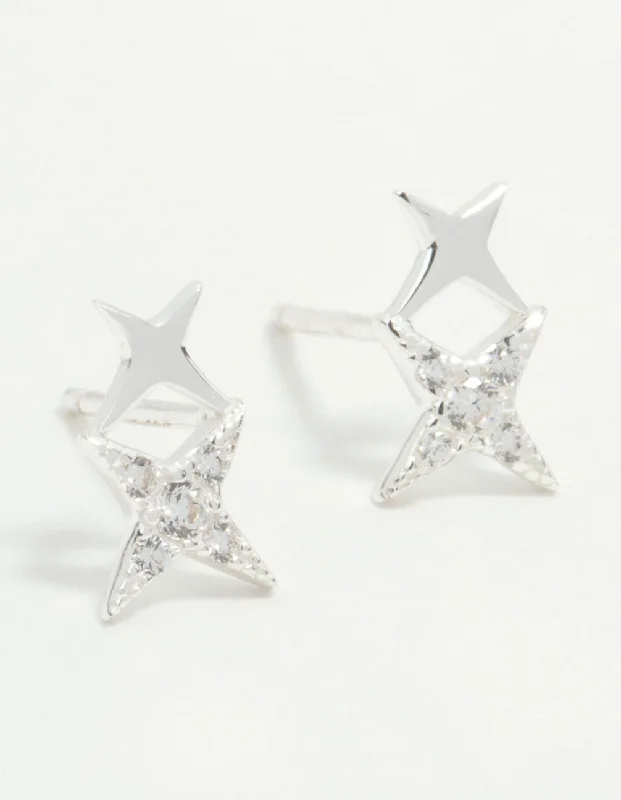 Tiered drop earrings-Sterling Silver Cubic Zirconia Double Star Stud Earrings