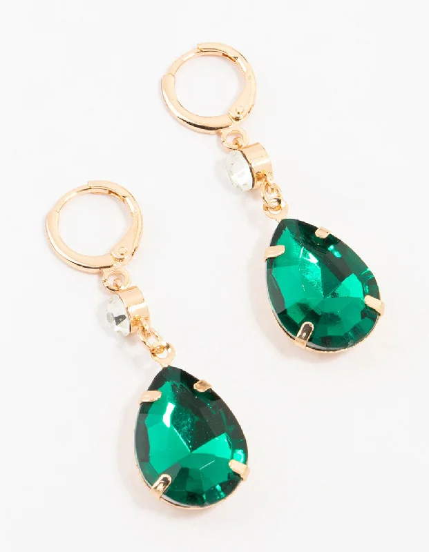 Topaz stone earrings-Gold Green Pear Diamante Drop Clicker Earrings