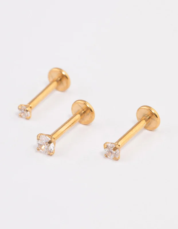 Playful pair earrings-Gold Plated Surgical Steel Cubic Zirconia Stud Flat Back Pack