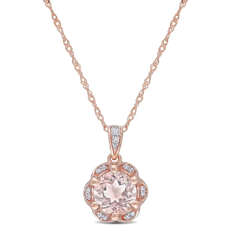 Lily motif necklaces-Miadora 14k Rose Gold Morganite and Diamond Accent Flower Halo Drop Necklace