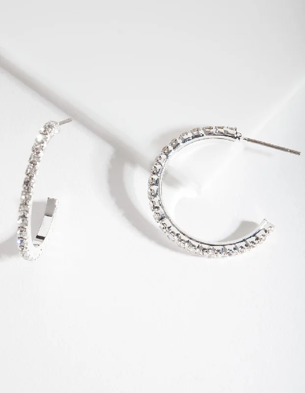 Stellar glow earrings-Silver Diamante Stud Hoop Earrings