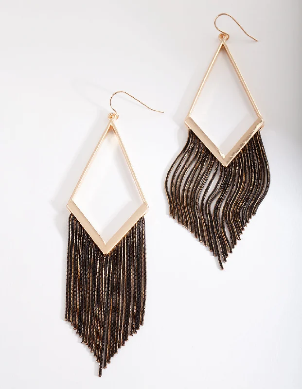 Thin hoop earrings-Gold Black Chain Tassel Earrings