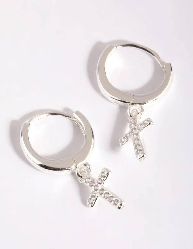 Stellar glow earrings-Sterling Silver Cubic Zirconia Cross Huggie Hoop Earrings