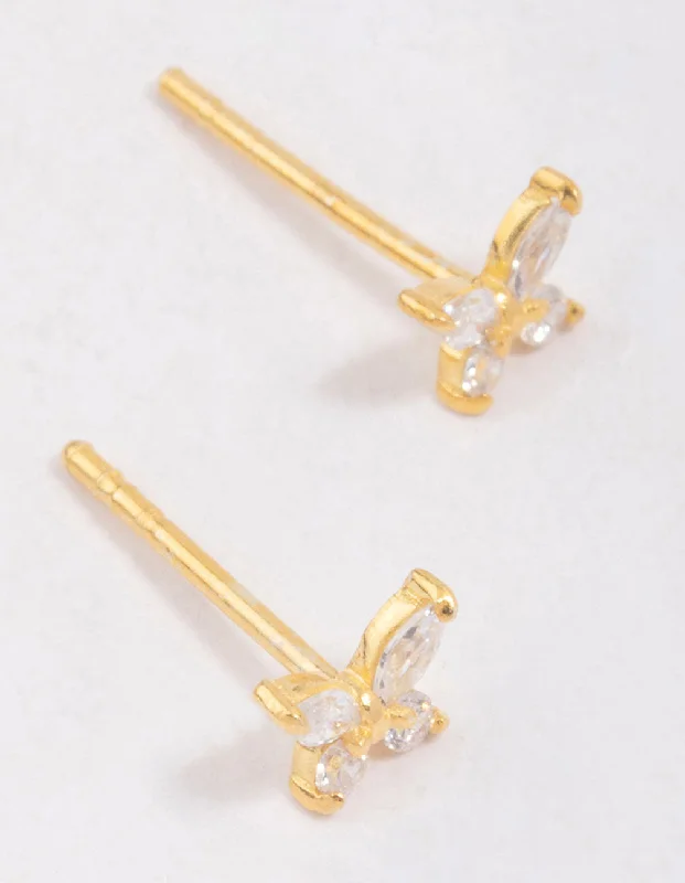 Twine bead earrings-Gold Plated Sterling Silver Cubic Zirconia Butterfly Stud Earrings