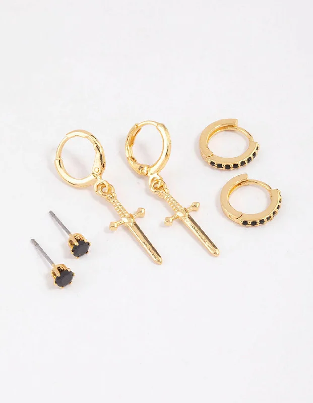 Thin bead earrings-Gold Plated Brass Cubic Zirconia Dagger Huggie Earrings Pack