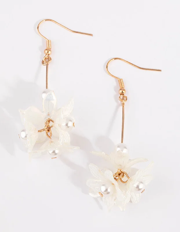 Bamboo style earrings-Gold Flower Bar with Pearl Earrings