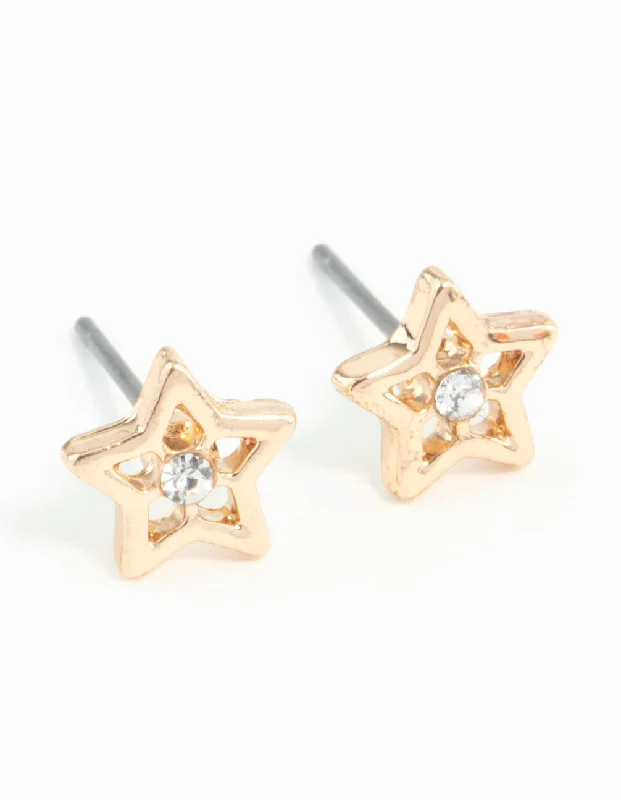 Cedar wood earrings-Gold Star Diamante Stud Earrings