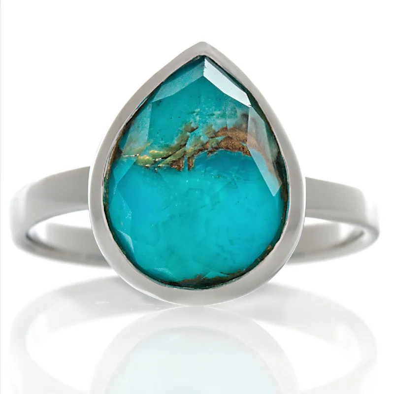 Sleek modern engagement rings-Tanya: Pear Shape Faceted Quartz over Turquoise Right Hand Ring 925 Silver