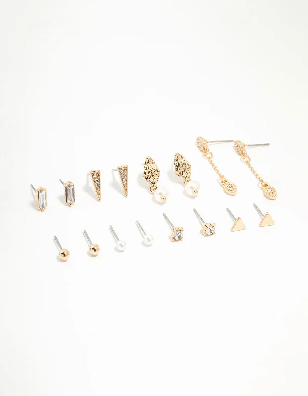 Tiered drop earrings-Gold Stud & Chain Earrings 8-Pack